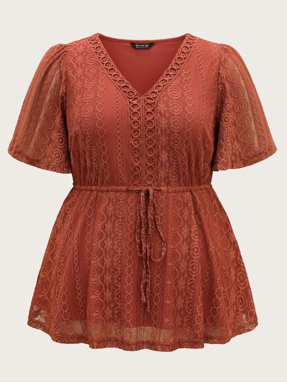 BloomChic Russet Lace V-Neck Peplum Drawstring Top, Size XL-14-16 - Picture 2 of 12